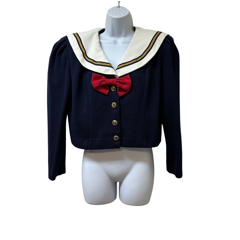 Vtg Jeffrey & Dara Sailor Jacket Navy Blue Knit Red Bow Gold Buttons USA Made